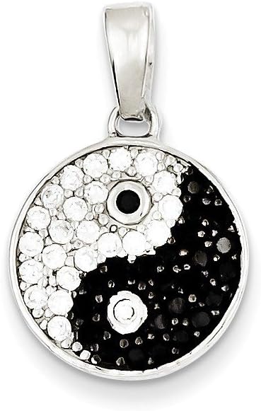 Sterling Silver Rhodium Plated CZ Black/White Yin Yang Pendant