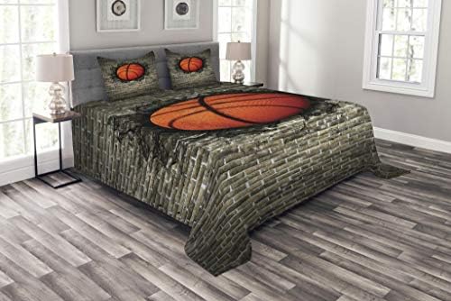 Lunarable Sports ベッドカバー バスケットボール レンガの壁に埋め込まれた パワートレーニング 破壊コンセプトアート 装飾キルトカバーセット 枕カバー付き セピアオレンジブラック クイーン Bed Queen