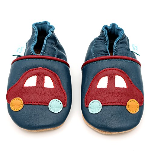 Dotty Fish - Boys Soft Leather Baby & Toddler Shoes with Suede Soles - Navy & Red Car - 18-24 Months (US Child Size 7.5)