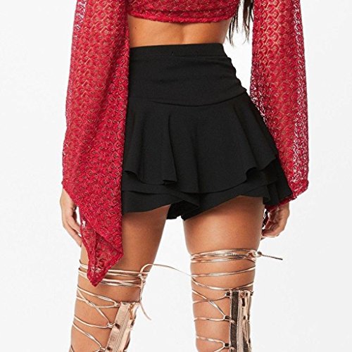 Women's Elastic Waist Casual A Line Layered Ruffled Frill Skorts High Waisted Mini Skirt Shorts (Black, M) - Thumbnail 2