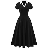 Dressystar Women V Neck 1950s Vintage Short Sleeves Dress Retro A Line Swing Rockabilly Cocktail Party Dresses with Pockets