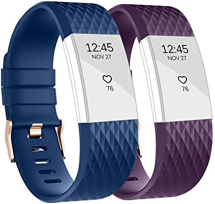 Alrite Classic Replacement Sport Fitness Band, Sweat and Water Proof Adjustable Wristband with Metal Buckle for 2016 Fitbit Charge 2 HR, 2-Pack(Pattern 2: Dark Blue, Dark Purple)