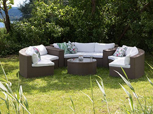 Beliani 9-Sitzer Lounge Set Rattan braun rund mit Auflagen weiß Couchtisch Severo – Bild 3