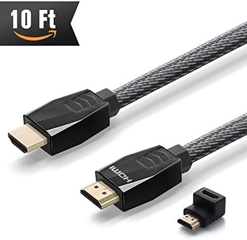 HDMI Cable 10 ft ( The Highest Speed ) 4K HDMI 2.0 Cord, Nylon Braided Cable 18Gbs Support Ethernet, ARC, UHD, 3D, HDR for 4K/HD TVs, PS4/3, Xbox one, PC, Displays and More + Right Angle Adapter