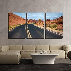 3 Piece Canvas Wall Art - Highway in Desert with Rocks - Modern Home Art Stretched and Framed Ready to Hang - 16"x24"x3 Panels