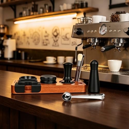 TECKZOON Espresso Maker Accessories Set of 9 51mm with Tamper Station, Coffee Leveler, WDT Tool, Stirrer, Dosing Funnel, Strainer, Cleaning Brush, Spoon Clip