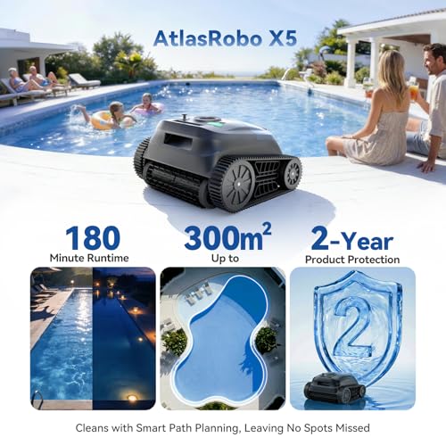 (Upgrade 2026) Pondee X5 Wireless Pool Robot Bottom and Walls, Vacuum Cleaner 21 m³/h Saugkraft, Intelligent Navigation, 3 Brushless Motors, Autonomy 180 Min, Water Line, Pond up to 300 m²
