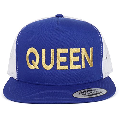 Trendy Apparel Shop Queen Gold Embroidered 5 Panel Flat Bill 2-Tone Mesh Cap - Royal White