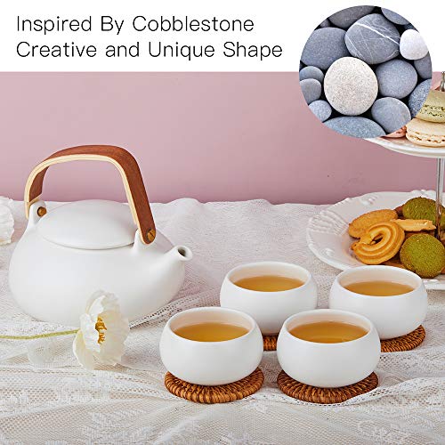 ZENS Japanische Teekanne mit Siebeinsatz, Modern 800ml Matte Weià Teeservice Keramik mit 4 Tassen und Rattan Untersetzer, Hanfseilgriff Teeservice für Losen Tee Stepper, Geschenk für Teeliebhaber – Bild 4