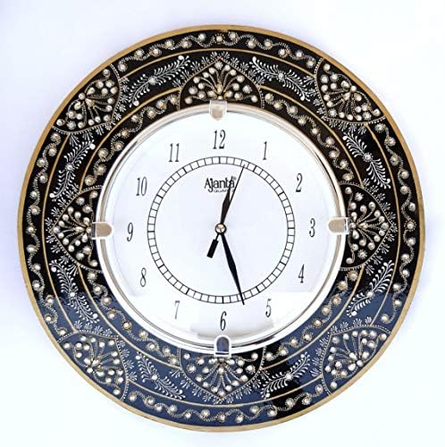 RR Handicrafts Wood Handpainted Mehrav Work Wall Clock (Black_12 x 12 Inch)