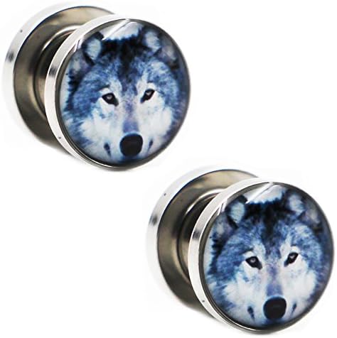 Yunsion Body Jewelry 6g-5/8" Stainless Steel Screw Fit Wolf Face Logo Ear Plug Gauges Flesh Tunnel Stretcher Expander 1 Pair 10mm=00g