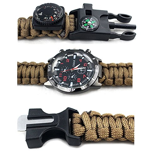 OSOPOLA Survival Paracord Bracelet Life Saving Tools Pope Waterproof Luminous Watch Whistle Emergency Knife Fire Starter Scraper Compass Thermograph Camping Hiking Diving
