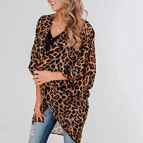 Fainosmny Womens Cardigans Fashion Leopard Tops Sexy Beach Cover Ups Short Sleeve Smocks Casual Long Cardigan Kimono Brown - Thumbnail 3