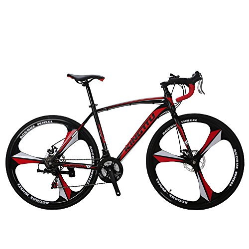 Extrbici XC550 Road Bicycle 700Cx28C Steel Hard Frame 21 Speeds Road Bike Solid Integrated Wheel Curved Handlebar Double Disc Brakes Cycling Gifts For Man Promotion US Warehouse (Red)