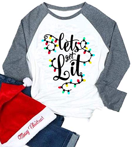 Lets Get Lit Christmas Shirts Women Funny Cute Ligts Tree Long Sleeve Tee Top White Blouse (X-Large)