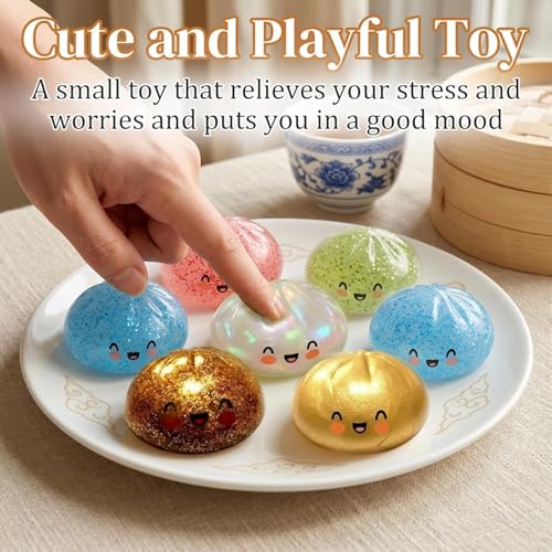 ORCHID M® 2 Pcs 3.1" Big Glitter Dumpling Squishy, Dumpling Box, Colorful Dumplings Stress Balls Fidget Sensory Toys, Stress Relief Squeeze Fidget Toy for Kids Adults (Pink, Gold)