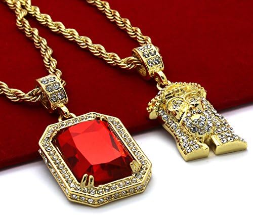 14k Gold PT Hip Hop Jesus Head/Hand & Ruby Necklace & 16" Iced Cuban Choker Chain set
