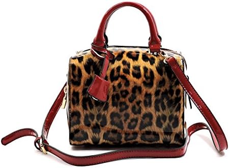 Elphis Leopard Glossy Animal Printed Box Satchel Crossbody Bag Purse (L049)