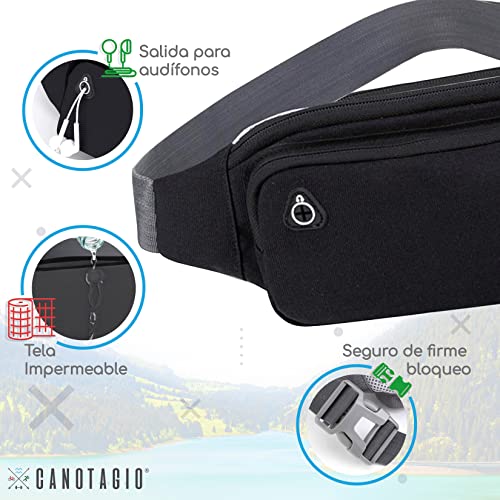 Canotagio Cangurera Deportiva de Viaje. Diseño Amplio para Pasaporte, Efectivo o Tarjetas. Hombre y Mujer. Riñonera Deportiva Compatible con Audifonos. Fanny Pack/Running Belt/Travel Pouch (Negro)