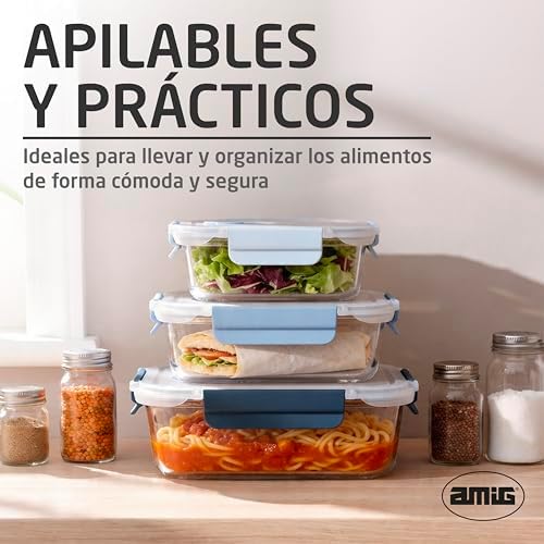 - Lote 3 Contenedores Herméticos de Vidrio - 370ml, 640ml, 1050 ml - Transparente - Tapa de polipropileno - Aptos para Almacenar, Transportar y Calentar Alimentos - Mod. 700
