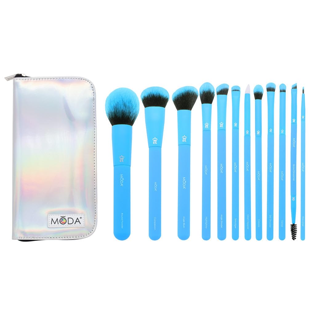 MODA Totally Electric 13pc Full Face Makeup Brush Set, Includes - Powder, Complexion, Blush, Shader, Smudger & Crease Brushes with Zip Case (Neon Blue) — image 1