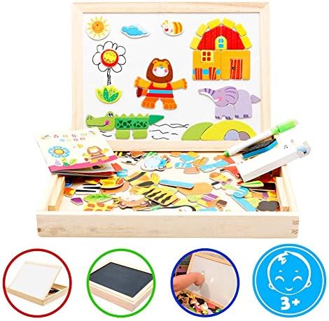 Fun Magnetic Board | Multi-Function Dual-Sided Magnetic Whiteboard Chalkboard Toy for Kids with Animal Puzzle and Drawing Kit | Portable Safe Wood Water Paint for Child Education Drawing Game | 1325