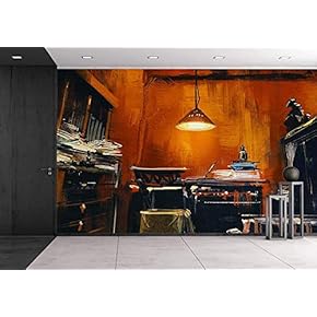 Old Vintage Workspace in Orange Room,Digital Painting - Removable Wall Mural | Self-Adhesive Large Wallpaper - 66x96 inches