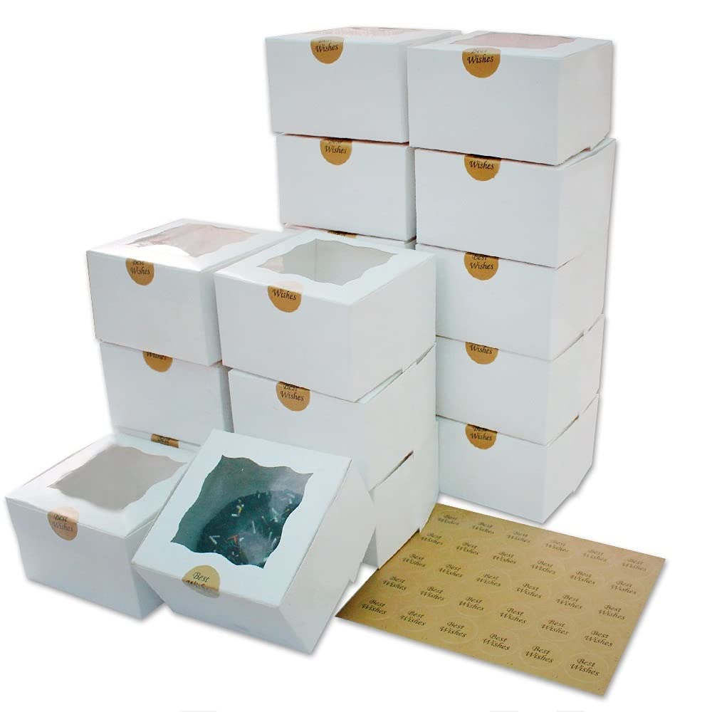TRENDZ4U White 25 Pcs Cookie Bakery Boxes with Window 4x4x2.5 Inches Small Cake, Gift, Dessert, Pastry, Muffin, Donut, Treat Boxes for Kids Party, Cupcakes Containers