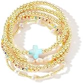 Opalencian Gold Pearl Beaded Cross Bracelets Set for Women,Stretch Colorful Stackable Boho Christian Rosary Jewelry Summer Jewelry Gift