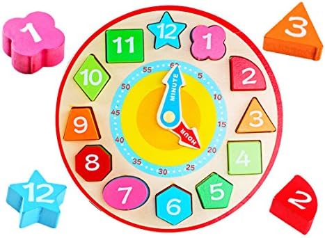 SMATTER Wooden Shape Sorting Clock Learning Counting with Numbers Puzzle Educational Toy for Toddler 3 Year Olds