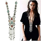 SUNSCSC Vintage Retro Rhinestone Silver Gold turquoise Long Boho Bohemian Statement Necklace for Women (Silver)