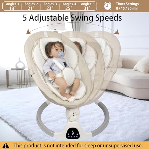JFOVMCYG Electric Swing for Newborns with Remote Control, 5 Swinging Speed, 8/15/30 Minute Timer, 5 Point Harness, Washable Seat, Stable Structure – Ivory White | 5 oscillation speeds, 3 seat positions, 8/15/30 minute timer, 5-point harness, washable seat