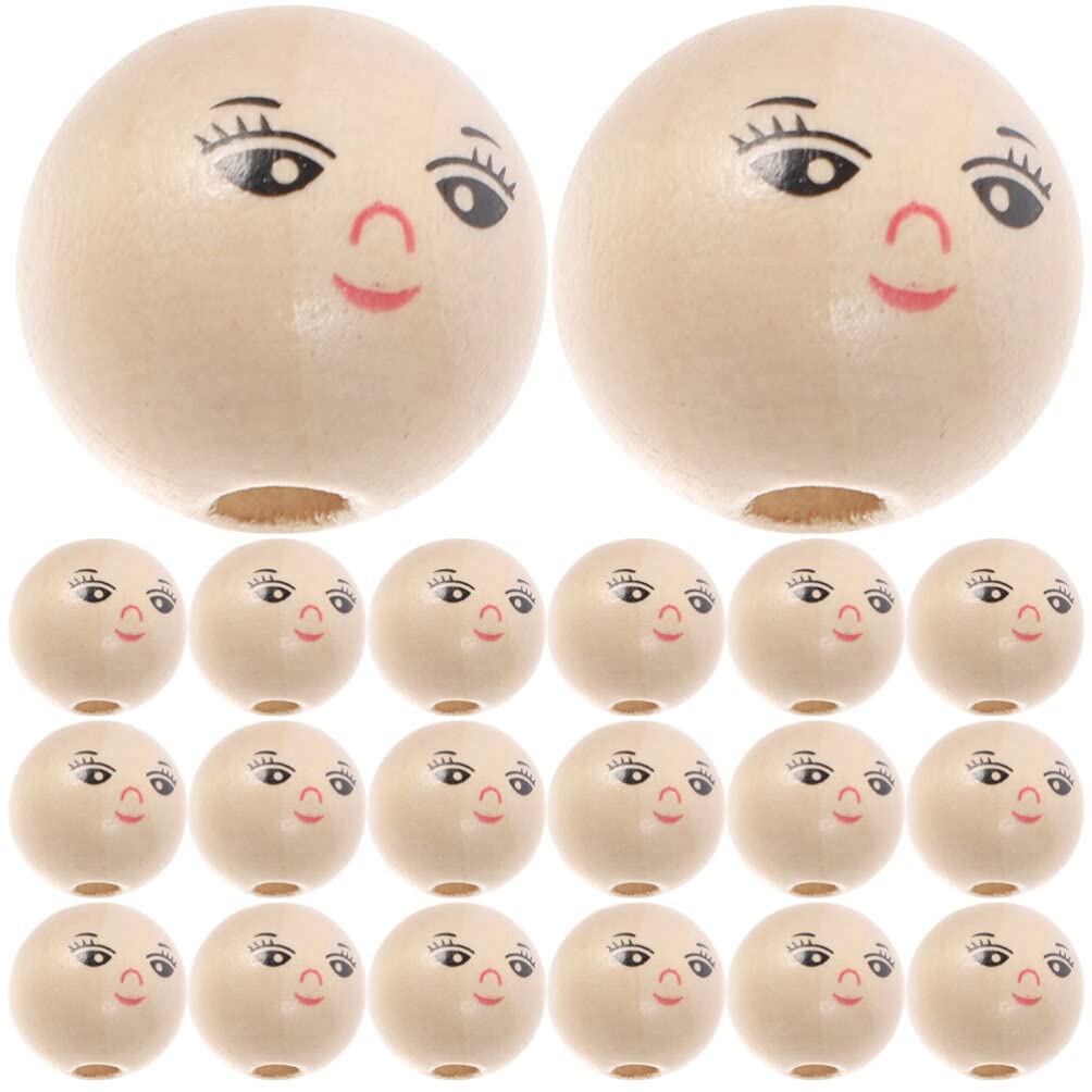 Healifty 50pcs Bead Making Spacer Doll Smile Face Pendant with Beads Bracelets Decoration Round Wood Loose Finding Smiling Craft Wooden Ball Crafts Girls for Macrame DIY Holes Mm Natural