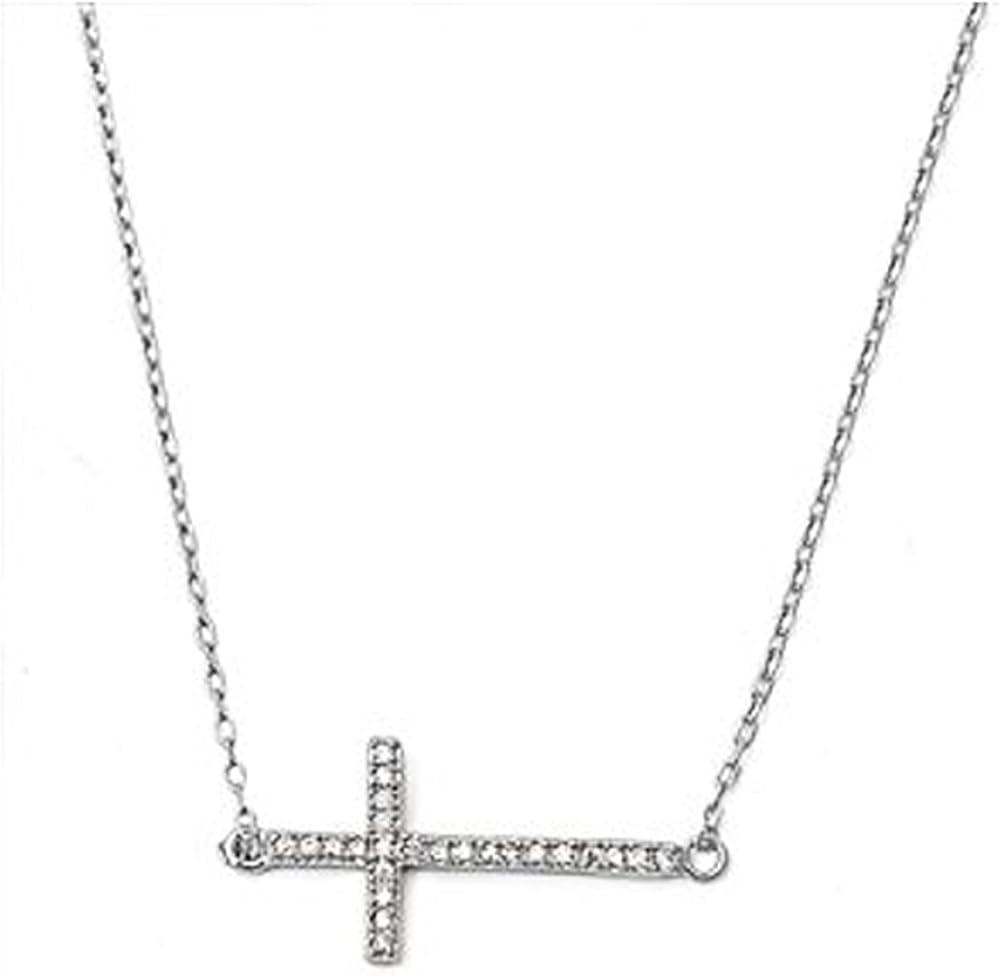Sterling Silver Womens Side Cross Pendant Necklace with CZ 16 Inches Adjustable