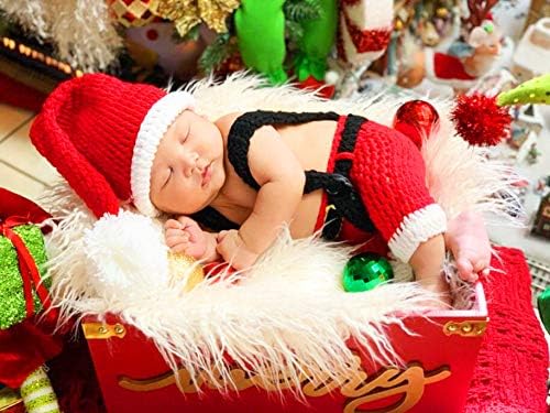 AIXIANG Newborn Baby Photography Props Santa Claus Outfits Handmade Crochet Knitted Christmas Costume for Baby Christmas Cap Hat and Suspender Trousers - Image 3