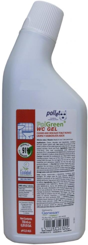 PolGreen WC Bio-Acidic Gel Toilet Bowl Cleaner: 12/750ml Ready-to-Use Squeeze Bottles