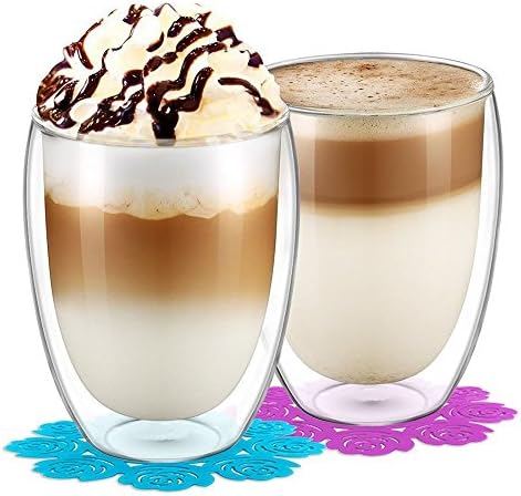 Glass Cups,BOQO Double Wall Glass Mugs,Heat resistance, Drinking Glasses,Water Glasses and Coaster(350ml/Set of 2 )