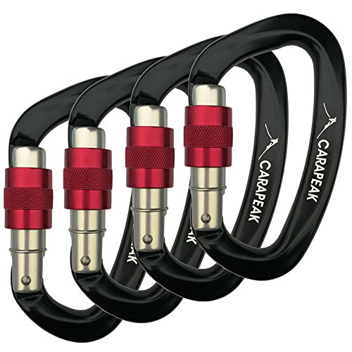 CARAPEAK 25kN Heavy Duty Screwgate Locking Rock Climbing Carabiner Set, 4 Pack Snag-Free D Shaped Screw Lock Carabiner, Strong Aluminum Lockable Clip Black