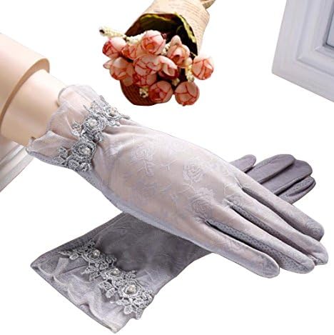 ICOOLYI Women's Wrist Length Vintage Sheer Lace Gloves (2 pairs pack) (Light Grey)