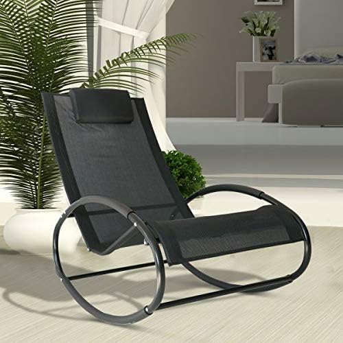 Patio Rocking Lounge Chair Zero Gravity Chaise Lounge Padded Headrest Pillow Comfort Seating Backyard Furniture Poolside Indoor Outdoor Black Design