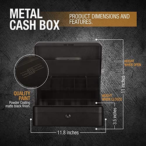 Cash Box with Money Tray- Safe Metal Lock Box- Locking Boxes with Key- Large Storage Lockbox with Safety Holder- Money Saving Organizer- Security Box with Coin Tray Lid