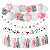 Pococo Premium Baby Shower Decorations for Girl: Party Supplies 55 Pieces Pink, White, Gray Extra Large Kit Includes 
