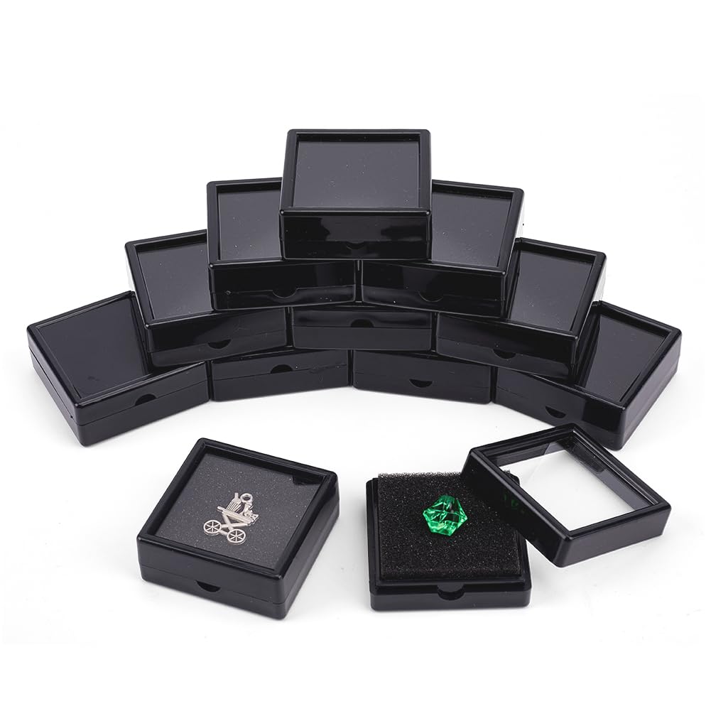 BENECREAT 12PCS Black Gemstone Display Box 5x5x2cm Jewelry Box Container with Clear Top Lids for Gems, Jewelry Packing