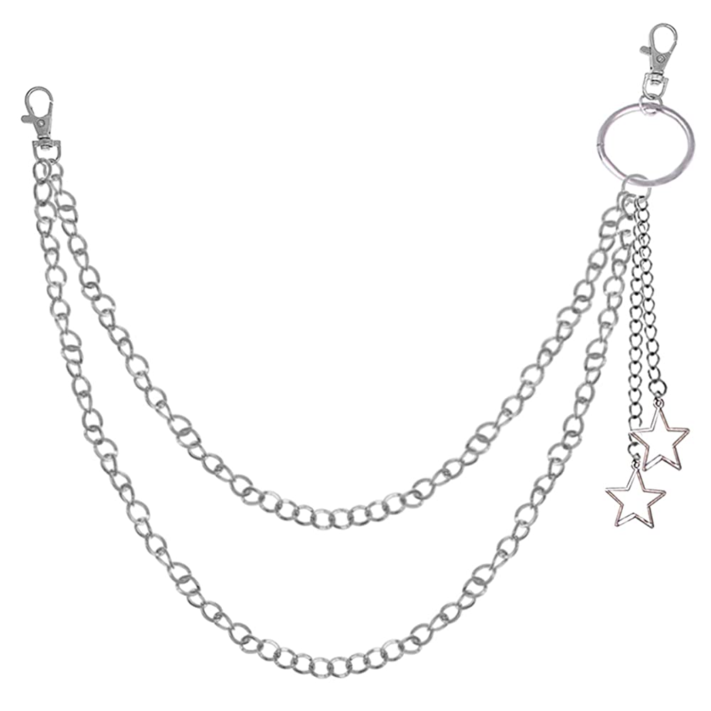Yijunmca Men's Pocket Chain Women Pants Chain Punk Style Rock Star Tassel 2 Layer Chains Multi-Layer Wallet Chains for Boys Girls Long Key Chain with Lobster Clasps for Jeans Trousers Skirt, Silver