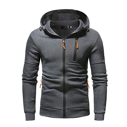 Mens' Autum Winter Long Sleeve Zipper Patchwork Hooded Sweatshirt Cardigan Tops (Deep Gray, L3) - Thumbnail 4