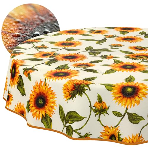 ANRO Washable Tablecloth Sunflowers Round 120 cm - Water Resistant Indoor Outdoor Lotus Effect with Hem