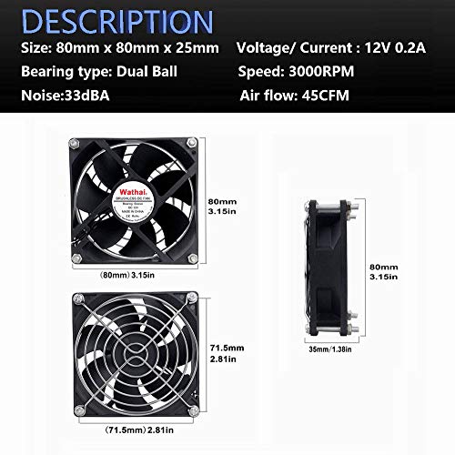 Wathai 80x80x25mm 80mm Dual Ball Bearing DC Cooling Fan 12V 2Pin