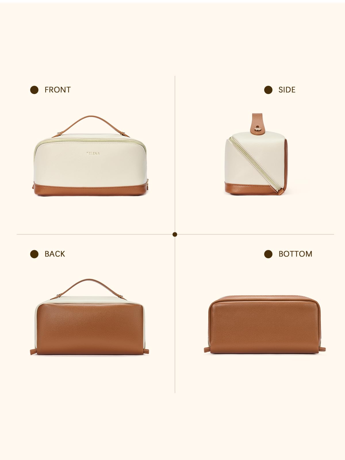 Telena Leather make up bag Large Capacity travel makeup bag cosmetic bag with Handle and Divider Open Flat