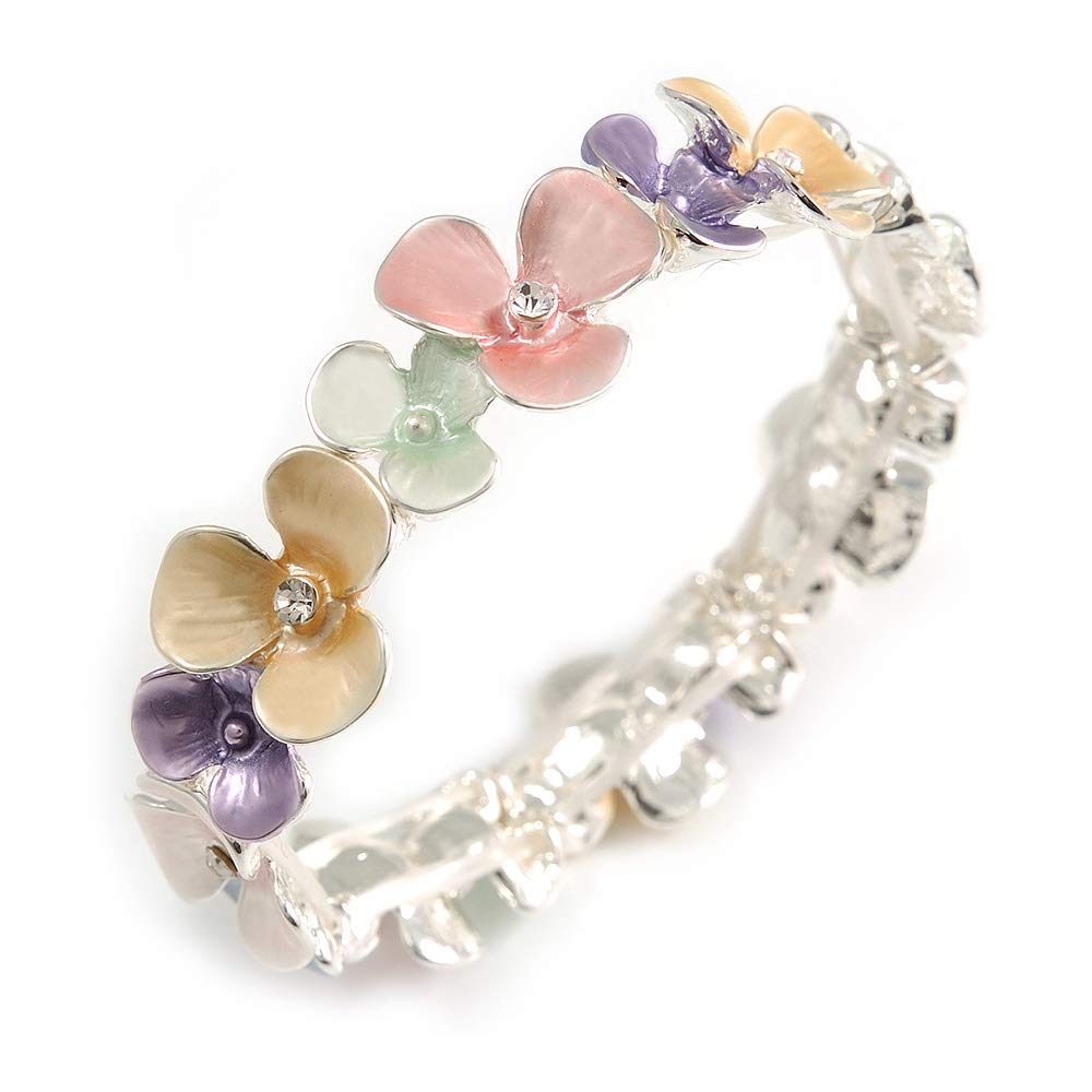 Avalaya Pastel Multicoloured Enamel Floral Flex Bracelet in Silver Tone - 20cm Long