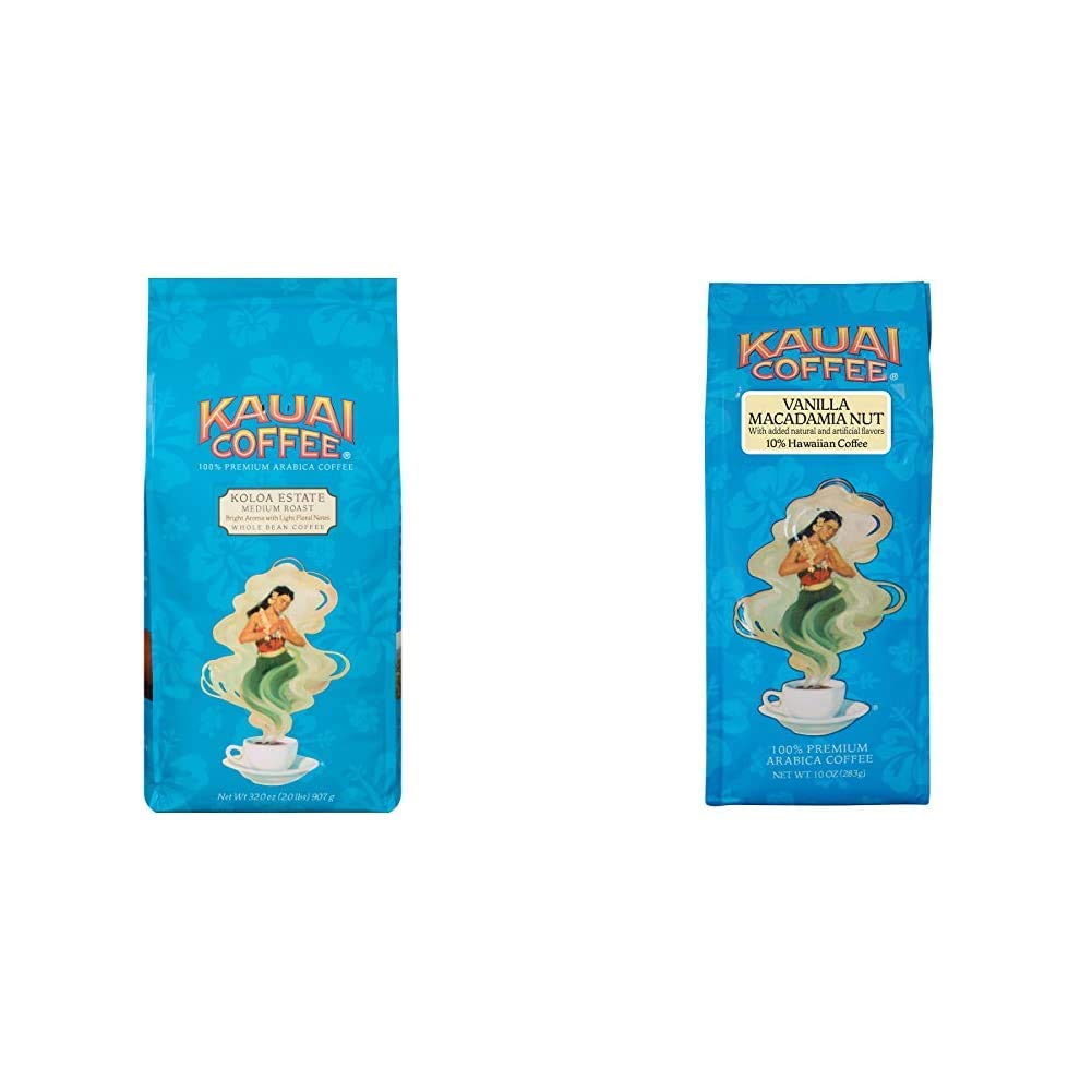 Kauai Whole Bean Coffee, Koloa Estate Medium Roast (32 Ounces) & Hawaiian Ground Coffee, Vanilla Macadamia Nut Flavor (10 oz Bag) - Bold, Rich Blend